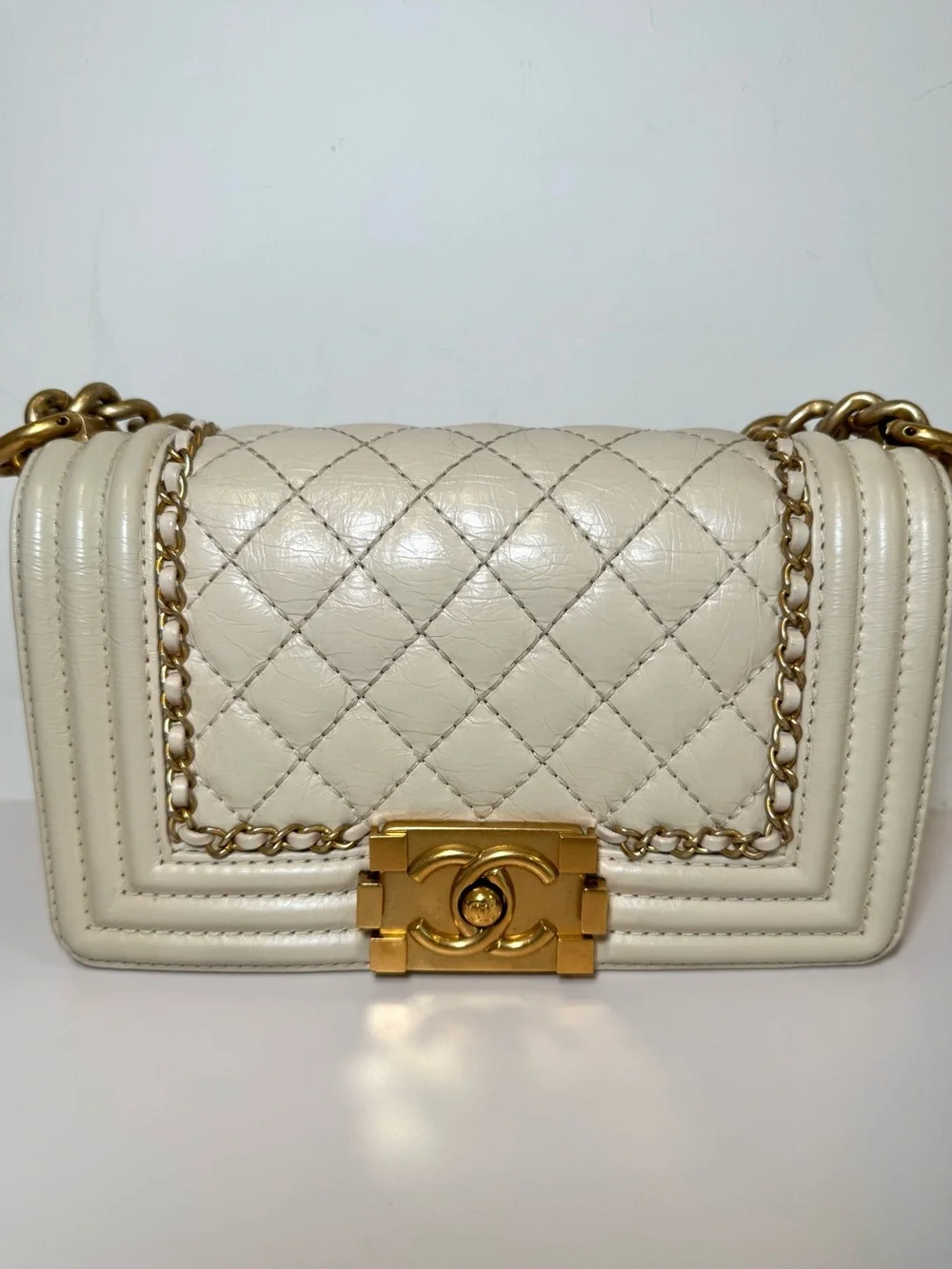 Chanel Small Chain Around Boy Bag W Cream Quilted Aged Calfskin & Gold Hardware